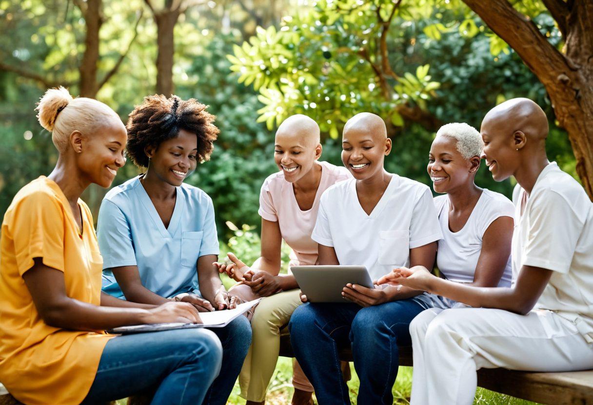 A serene and uplifting scene depicting a diverse group of cancer patients engaging in a support group session, surrounded by nature to symbolize healing and hope. Include elements like comforting hands, supportive smiles, and resources like pamphlets and a laptop showcasing informative websites. The background should feature vibrant greenery and soft sunlight filtering through trees, symbolizing growth and recovery. super-realistic. warm colors. nature-inspired.