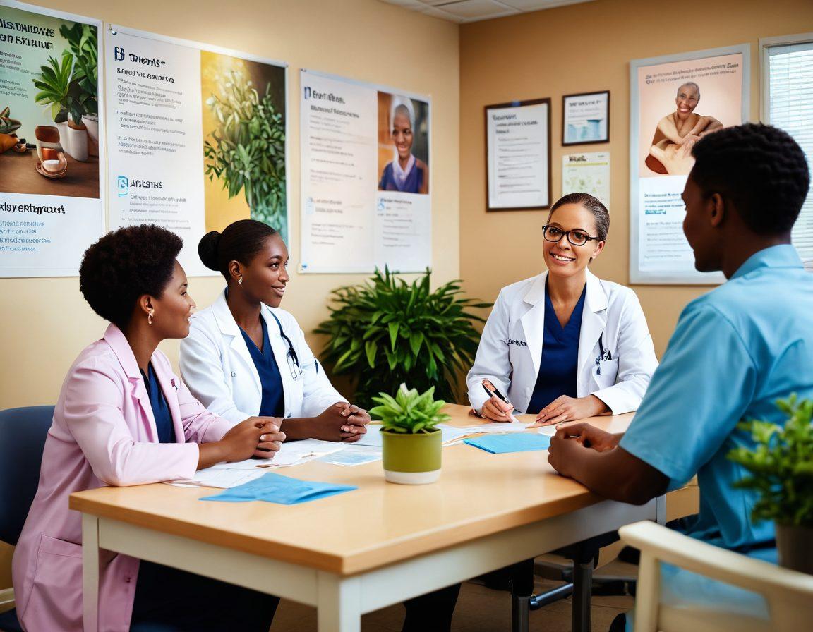 A caring healthcare professional discussing treatment options with a diverse group of patients, set in a welcoming clinic environment filled with plants and supportive posters. Soft lighting enhances a sense of community and hope, while a digital display shows resources for cancer care. Include elements of teamwork and compassion. super-realistic. vibrant colors. warm tones.