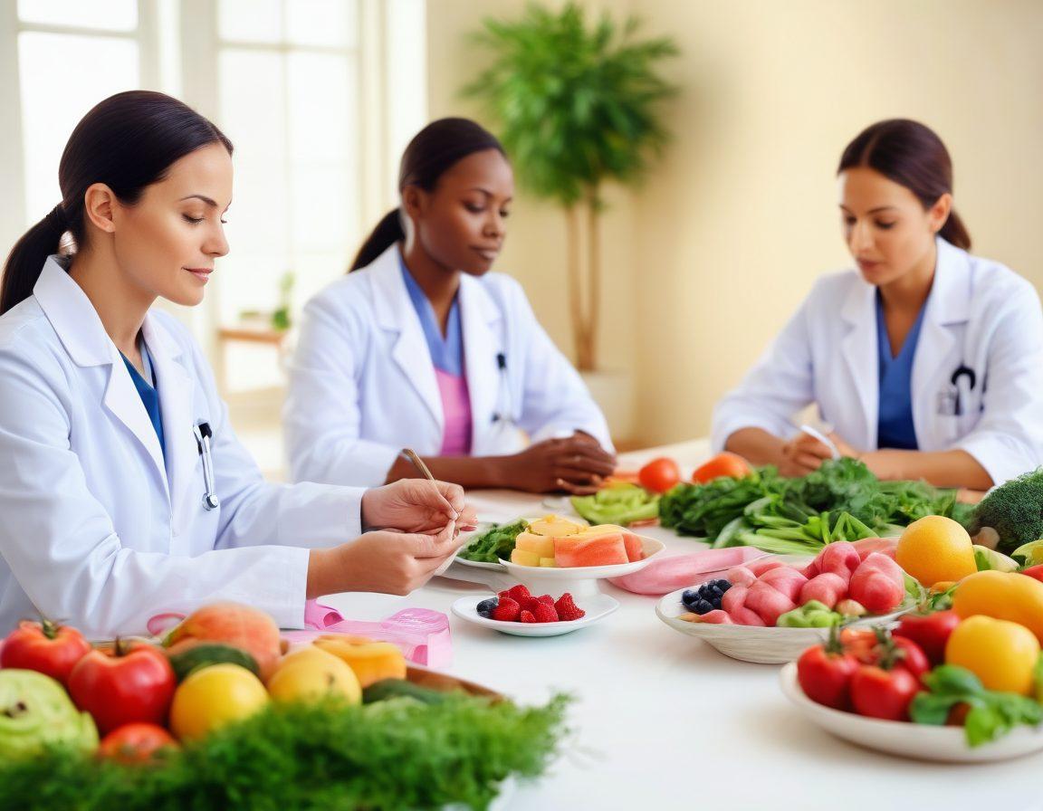 A serene healthcare setting showcasing a diverse group of medical professionals discussing a colorful array of healthy foods, with plants and wellness elements in the background. Include symbolic representations of cancer awareness, such as a pink ribbon subtly incorporated into the food display. The atmosphere should radiate hope and healing, emphasizing the importance of nutrition in cancer treatment. soft lighting. watercolor style. calming colors.